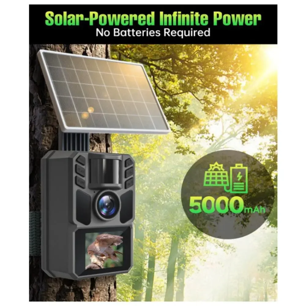Trail Camera 4K 64MP 5000mAh 64GBCard Wtrprf, NightVision, MotionActiv, Solar